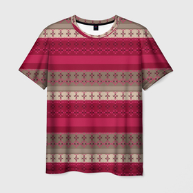 Мужская футболка 3D с принтом Полосатый вышитый орнамент  в Тюмени, 100% полиэфир | прямой крой, круглый вырез горловины, длина до линии бедер | бежевый | вишневый цвет | вышивка | коричневый и бордовый | орнамент | полосы | популярный | простой | этнический