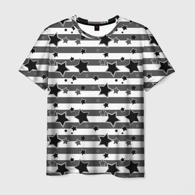 Мужская футболка 3D с принтом Черно-белый полосатый узор  в Курске, 100% полиэфир | прямой крой, круглый вырез горловины, длина до линии бедер | звезды | молодежный | мужской | популярный | серый | современный | черный и белый