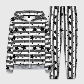 Мужской костюм 3D с принтом Черно-белый полосатый узор  в Новосибирске, 100% полиэстер | Манжеты и пояс оформлены тканевой резинкой, двухслойный капюшон со шнурком для регулировки, карманы спереди | Тематика изображения на принте: звезды | молодежный | мужской | популярный | серый | современный | черный и белый
