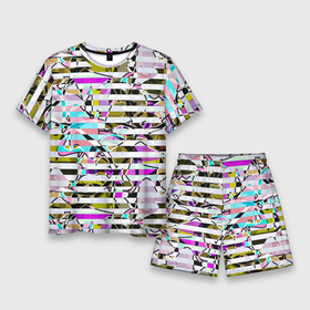 Мужской костюм с шортами 3D с принтом Полосатый абстрактный узор в Петрозаводске,  |  | горизонтальные полосы | летний дизайн | модный | молодежный | мужской | полосы | разноцветные полосы