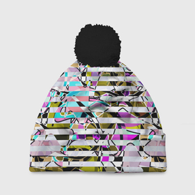 Шапка 3D c помпоном с принтом Полосатый абстрактный узор  в Екатеринбурге, 100% полиэстер | универсальный размер, печать по всей поверхности изделия | горизонтальные полосы | летний дизайн | модный | молодежный | мужской | полосы | разноцветные полосы
