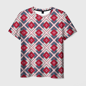 Мужская футболка 3D с принтом Красно-синий плед -клетка в Белгороде, 100% полиэфир | прямой крой, круглый вырез горловины, длина до линии бедер | Тематика изображения на принте: абстрактный | геометрический | красный | плед | пэчворк | синий | современный | этнический