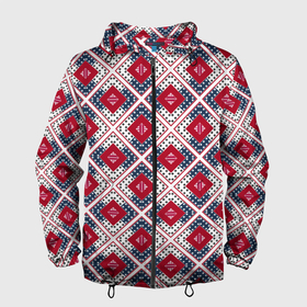 Мужская ветровка 3D с принтом Красно-синий плед -клетка в Новосибирске, 100% полиэстер | подол и капюшон оформлены резинкой с фиксаторами, два кармана без застежек по бокам, один потайной карман на груди | абстрактный | геометрический | красный | плед | пэчворк | синий | современный | этнический