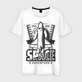 Мужская футболка хлопок с принтом Космический корабль в Тюмени, 100% хлопок | прямой крой, круглый вырез горловины, длина до линии бедер, слегка спущенное плечо. | корабль | космодром | космос | крылья | планета | трафарет