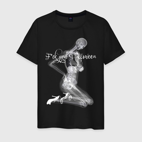 Мужская футболка хлопок с принтом Да ну, ваш Хэллоуин! в Тюмени, 100% хлопок | прямой крой, круглый вырез горловины, длина до линии бедер, слегка спущенное плечо. | body | girl | halloween | holiday | hype | phrase | skeleton | skull | x ray | праздник | рентген | скелет | тело | хайп | хэллоуин | череп