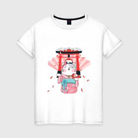 Женская футболка хлопок с принтом Japan pink cat cherry blossom в Санкт-Петербурге, 100% хлопок | прямой крой, круглый вырез горловины, длина до линии бедер, слегка спущенное плечо | cat | cherryblossom | japan | pink | кошка | розовый | сакура | япония