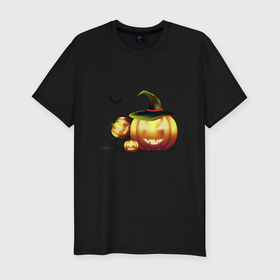 Мужская футболка хлопок Slim с принтом Halloween  в Санкт-Петербурге, 92% хлопок, 8% лайкра | приталенный силуэт, круглый вырез ворота, длина до линии бедра, короткий рукав | halloween | октябрь | тыква | тыква в шляпе | тыквы на хэллоуин | хэллоуин
