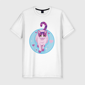 Мужская футболка хлопок Slim с принтом Розовая кошка в Петрозаводске, 92% хлопок, 8% лайкра | приталенный силуэт, круглый вырез ворота, длина до линии бедра, короткий рукав | Тематика изображения на принте: животные | кот | кошка | розовая кошка | сердечки