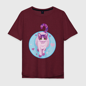 Мужская футболка хлопок Oversize с принтом Розовая кошка в Петрозаводске, 100% хлопок | свободный крой, круглый ворот, “спинка” длиннее передней части | Тематика изображения на принте: животные | кот | кошка | розовая кошка | сердечки