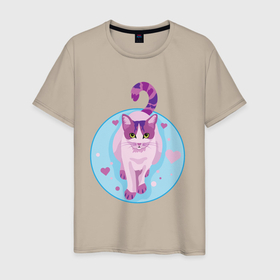 Мужская футболка хлопок с принтом Розовая кошка в Петрозаводске, 100% хлопок | прямой крой, круглый вырез горловины, длина до линии бедер, слегка спущенное плечо. | Тематика изображения на принте: животные | кот | кошка | розовая кошка | сердечки