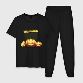 Мужская пижама хлопок с принтом Halloween , 100% хлопок | брюки и футболка прямого кроя, без карманов, на брюках мягкая резинка на поясе и по низу штанин
 | Тематика изображения на принте: halloween | злая тыква | праздник | тыква | тыква на хэллоуин | хэллоуин