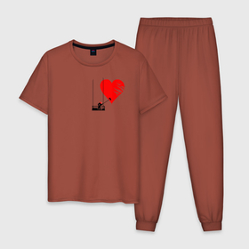 Мужская пижама хлопок с принтом НАРИСОВАННОЕ СЕРДЦЕ в Петрозаводске, 100% хлопок | брюки и футболка прямого кроя, без карманов, на брюках мягкая резинка на поясе и по низу штанин
 | art | heart | illusion | love | paint | red | арт | иллюзия | искусство | кисть | краска | красный | любовь | маляр | рисунок | сердце | человек