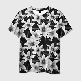 Мужская футболка 3D с принтом Лилии черно-белые  , 100% полиэфир | прямой крой, круглый вырез горловины, длина до линии бедер | белые лилии | лето | лилии | монохромный | современный | цветочный | цветы | черный и белый