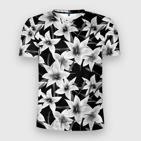Мужская футболка 3D спортивная с принтом Лилии черно-белые  в Санкт-Петербурге, 100% полиэстер с улучшенными характеристиками | приталенный силуэт, круглая горловина, широкие плечи, сужается к линии бедра | Тематика изображения на принте: белые лилии | лето | лилии | монохромный | современный | цветочный | цветы | черный и белый