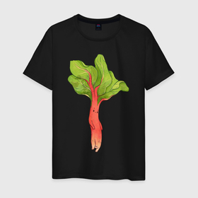Мужская футболка хлопок с принтом Ревень в Екатеринбурге, 100% хлопок | прямой крой, круглый вырез горловины, длина до линии бедер, слегка спущенное плечо. | арт | зелень | красный | мило | милота | овощ | овощи | ревень | рисунок | свежие овощи | свежий овощ | свежий продукт