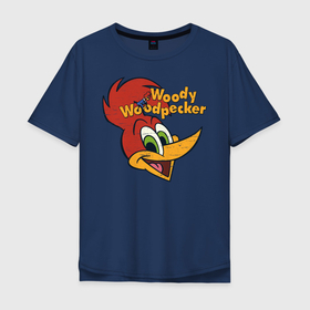 Мужская футболка хлопок Oversize с принтом Дятел Вуди потертый логотип в Новосибирске, 100% хлопок | свободный крой, круглый ворот, “спинка” длиннее передней части | animals | cartoon | character | head | laughter | woody woodpecker | дятел вуди | животные | мультики | персонаж | смех