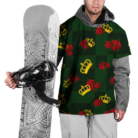 Накидка на куртку 3D с принтом Короны и розы в Екатеринбурге, 100% полиэстер |  | Тематика изображения на принте: зеленая клетка | золото | квадрат | королева | король | корона | красный | полосы | роза | сетка | узор | цветок | шахматная доска | шахматы