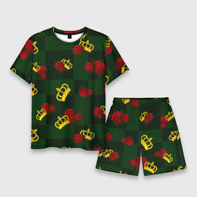 Мужской костюм с шортами 3D с принтом Короны и розы в Тюмени,  |  | зеленая клетка | золото | квадрат | королева | король | корона | красный | полосы | роза | сетка | узор | цветок | шахматная доска | шахматы