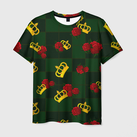 Мужская футболка 3D с принтом Короны и розы в Белгороде, 100% полиэфир | прямой крой, круглый вырез горловины, длина до линии бедер | зеленая клетка | золото | квадрат | королева | король | корона | красный | полосы | роза | сетка | узор | цветок | шахматная доска | шахматы