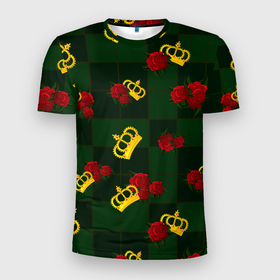 Мужская футболка 3D спортивная с принтом Короны и розы в Белгороде, 100% полиэстер с улучшенными характеристиками | приталенный силуэт, круглая горловина, широкие плечи, сужается к линии бедра | зеленая клетка | золото | квадрат | королева | король | корона | красный | полосы | роза | сетка | узор | цветок | шахматная доска | шахматы