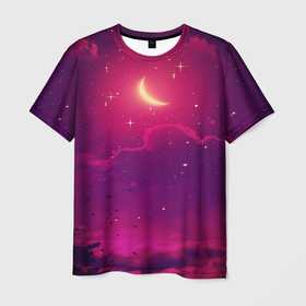 Мужская футболка 3D с принтом СКАЗОЧНАЯ НОЧЬ 2 КРАСНЫЙ в Новосибирске, 100% полиэфир | прямой крой, круглый вырез горловины, длина до линии бедер | деревья | звёзды | космос | луна | мир | ночь | облака | птицы