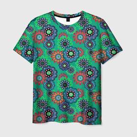 Мужская футболка 3D с принтом Ретро цветочный узор  в Петрозаводске, 100% полиэфир | прямой крой, круглый вырез горловины, длина до линии бедер | абстрактные цветы | детский | женский | зеленый | разноцветный | ретро | цветочный | цветы