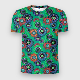 Мужская футболка 3D спортивная с принтом Ретро цветочный узор  в Санкт-Петербурге, 100% полиэстер с улучшенными характеристиками | приталенный силуэт, круглая горловина, широкие плечи, сужается к линии бедра | абстрактные цветы | детский | женский | зеленый | разноцветный | ретро | цветочный | цветы