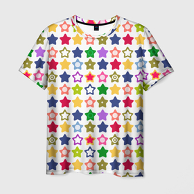 Мужская футболка 3D с принтом Разноцветные звездочки  в Санкт-Петербурге, 100% полиэфир | прямой крой, круглый вырез горловины, длина до линии бедер | Тематика изображения на принте: абстрактный | детский | звезды | зеленый | красный | летний | разноцветные звезды | синий | современный