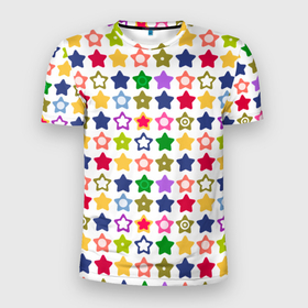 Мужская футболка 3D спортивная с принтом Разноцветные звездочки  в Кировске, 100% полиэстер с улучшенными характеристиками | приталенный силуэт, круглая горловина, широкие плечи, сужается к линии бедра | абстрактный | детский | звезды | зеленый | красный | летний | разноцветные звезды | синий | современный