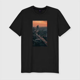 Мужская футболка хлопок Slim с принтом Мегаполис в Белгороде, 92% хлопок, 8% лайкра | приталенный силуэт, круглый вырез ворота, длина до линии бедра, короткий рукав | вид сверху | высотки | город | дороги | закат | мегаполис