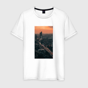 Мужская футболка хлопок с принтом Мегаполис в Белгороде, 100% хлопок | прямой крой, круглый вырез горловины, длина до линии бедер, слегка спущенное плечо. | вид сверху | высотки | город | дороги | закат | мегаполис
