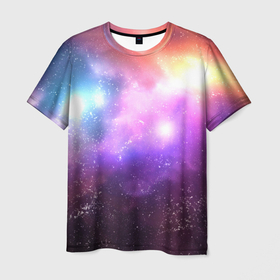 Мужская футболка 3D с принтом Космос, сияние и звезды в Тюмени, 100% полиэфир | прямой крой, круглый вырез горловины, длина до линии бедер | galaxy | gradient | nature | neon | night | space | stars | universe | вселенная | галактика | градиент | закат | звезды | звезды космос | космический принт | космос | небо | неон | ночь | облака | переливы | планеты | природа