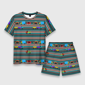 Мужской костюм с шортами 3D с принтом Детский полосатый узор в Тюмени,  |  | Тематика изображения на принте: детские угрушки | детский паттерн | малышам | мальчиковый | машинки | полосатый | разноцветные полосы