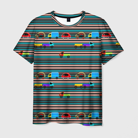 Мужская футболка 3D с принтом Детский полосатый узор  в Кировске, 100% полиэфир | прямой крой, круглый вырез горловины, длина до линии бедер | детские угрушки | детский паттерн | малышам | мальчиковый | машинки | полосатый | разноцветные полосы