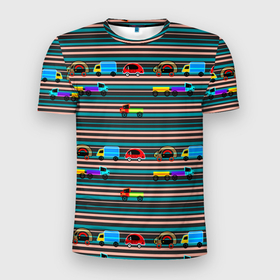 Мужская футболка 3D спортивная с принтом Детский полосатый узор  в Тюмени, 100% полиэстер с улучшенными характеристиками | приталенный силуэт, круглая горловина, широкие плечи, сужается к линии бедра | детские угрушки | детский паттерн | малышам | мальчиковый | машинки | полосатый | разноцветные полосы