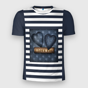 Мужская футболка 3D спортивная с принтом Я тебя люблю в Санкт-Петербурге, 100% полиэстер с улучшенными характеристиками | приталенный силуэт, круглая горловина, широкие плечи, сужается к линии бедра | влюбленным | для любимого | любовь | полосатый узор | ретро | сердце | синий | темно синий