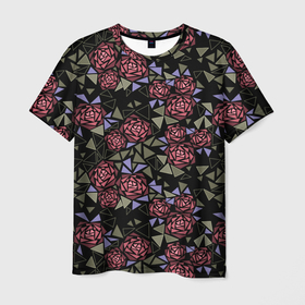 Мужская футболка 3D с принтом Цветочная мозаика  в Петрозаводске, 100% полиэфир | прямой крой, круглый вырез горловины, длина до линии бедер | абстрактные цветы | абстрактный | геометрический | коричневый | оливковый | розовый | цветочный