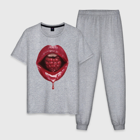 Мужская пижама хлопок с принтом Губы с малиной в Екатеринбурге, 100% хлопок | брюки и футболка прямого кроя, без карманов, на брюках мягкая резинка на поясе и по низу штанин
 | lips | mouth | raspberries | губы | малина | рот