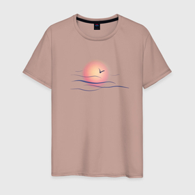 Мужская футболка хлопок с принтом Солнечный шар в Петрозаводске, 100% хлопок | прямой крой, круглый вырез горловины, длина до линии бедер, слегка спущенное плечо. | sea | sun | закат | море | небо | птицы | солнце | чайки