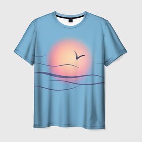 Мужская футболка 3D с принтом Солнечный шар в Петрозаводске, 100% полиэфир | прямой крой, круглый вырез горловины, длина до линии бедер | sea | sun | закат | море | небо | птицы | солнце | чайки