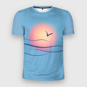 Мужская футболка 3D спортивная с принтом Солнечный шар в Новосибирске, 100% полиэстер с улучшенными характеристиками | приталенный силуэт, круглая горловина, широкие плечи, сужается к линии бедра | Тематика изображения на принте: sea | sun | закат | море | небо | птицы | солнце | чайки