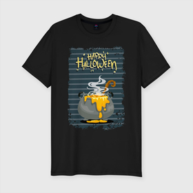 Мужская футболка хлопок Slim с принтом Адское варево в Санкт-Петербурге, 92% хлопок, 8% лайкра | приталенный силуэт, круглый вырез ворота, длина до линии бедра, короткий рукав | brew | fire | halloween | ladle | pot | steam | варево | кастрюля | огонь | пар | поварёшка | хэллоуин