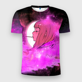 Мужская футболка 3D спортивная с принтом Аниме Девушка | Розовый Космос в Петрозаводске, 100% полиэстер с улучшенными характеристиками | приталенный силуэт, круглая горловина, широкие плечи, сужается к линии бедра | Тематика изображения на принте: anime | cloud | girl | japan | moon sky | pink | senpai | space | аниме | анимэ | девочка | девушка | космос | краска | кровь | луна | мульт | самурай | символ | тян | япония
