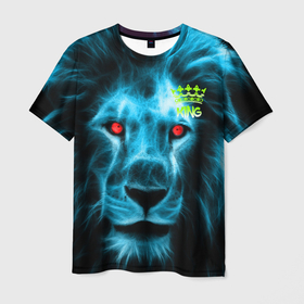Мужская футболка 3D с принтом ЛЕВ ЦАРЬ ЗВЕРЕЙ в Петрозаводске, 100% полиэфир | прямой крой, круглый вырез горловины, длина до линии бедер | зверь | король | лев | неон | спокойствие | хищник | шерсть