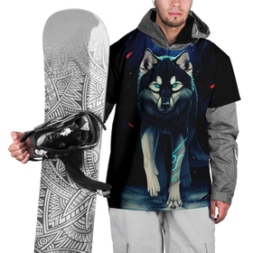 Накидка на куртку 3D с принтом КРАСИВЫЙ ВОЛК в Новосибирске, 100% полиэстер |  | Тематика изображения на принте: волк | деревья | зверь | лес | листя | луна | снег | хищник