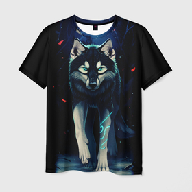 Мужская футболка 3D с принтом КРАСИВЫЙ ВОЛК , 100% полиэфир | прямой крой, круглый вырез горловины, длина до линии бедер | Тематика изображения на принте: волк | деревья | зверь | лес | листя | луна | снег | хищник