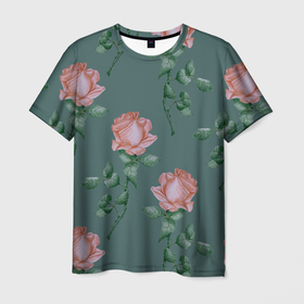 Мужская футболка 3D с принтом Красные розы на зеленом фоне , 100% полиэфир | прямой крой, круглый вырез горловины, длина до линии бедер | 8 марта | flowers | march 8 | spring | ботаническая иллюстрация | весна | день рождения | зеленый | красный | лето | любовь | праздник | принт | природа | растения | роза | цветы