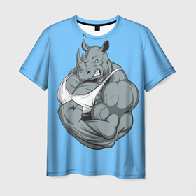 Мужская футболка 3D с принтом звериные мышцы носорога в Курске, 100% полиэфир | прямой крой, круглый вырез горловины, длина до линии бедер | Тематика изображения на принте: бодибилдинг | броня | копыта | масса | сила | спорт