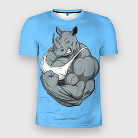 Мужская футболка 3D спортивная с принтом звериные мышцы носорога в Курске, 100% полиэстер с улучшенными характеристиками | приталенный силуэт, круглая горловина, широкие плечи, сужается к линии бедра | Тематика изображения на принте: бодибилдинг | броня | копыта | масса | сила | спорт