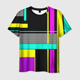 Мужская футболка 3D с принтом Геометрический  неоновый узор  в Курске, 100% полиэфир | прямой крой, круглый вырез горловины, длина до линии бедер | абстрактный | геометрический | модный | молодежный | неоновый бирюзовый | неоновый узор | полосы | современный
